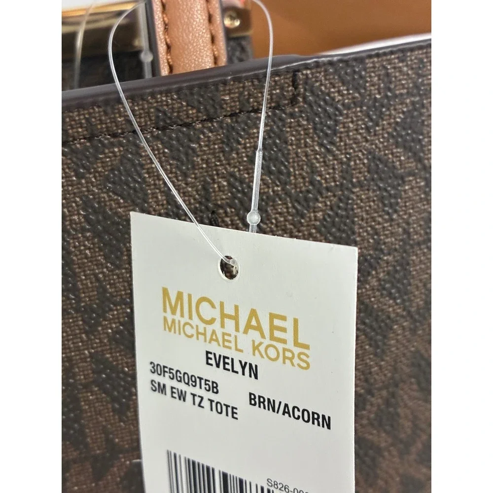 Michael Kors Evelyn Small EW TZ Tote Brown Acorn Logo Bag 30F5GQ9T5B NEW - Picture 3 of 8